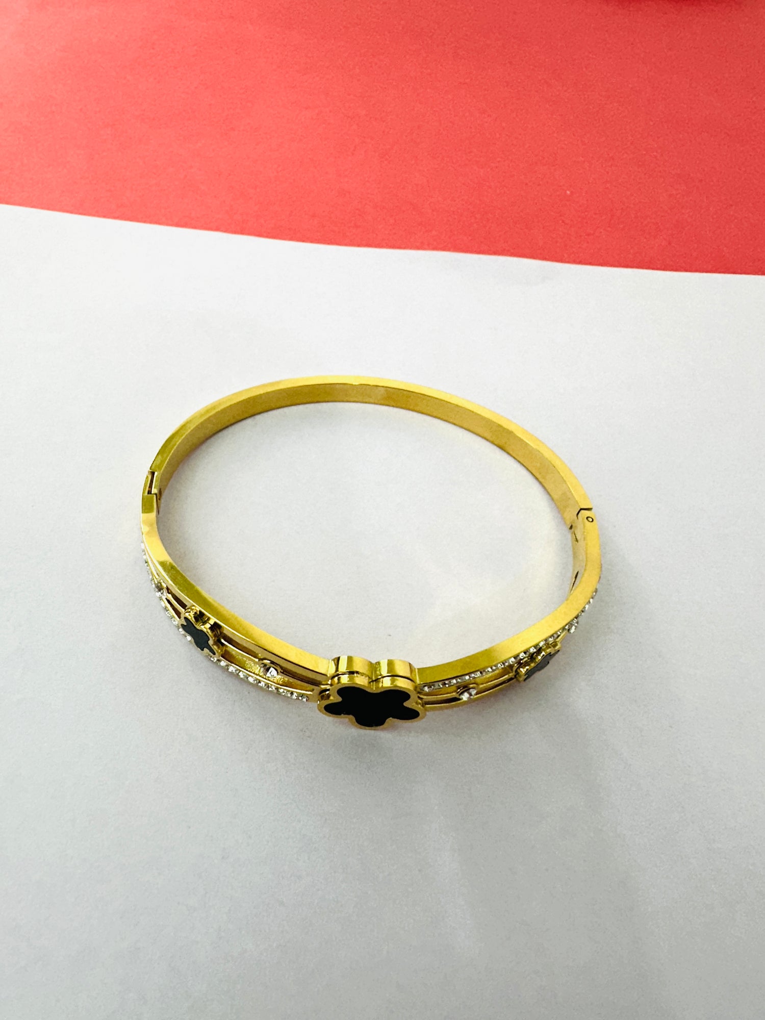 Black Floral Accent Stainless Steel Bangle