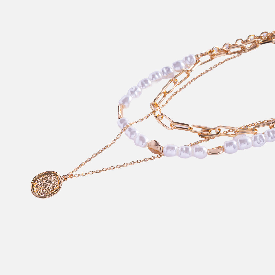 Gold Layered Pearl Chain Necklace