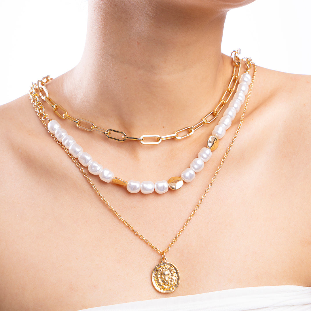 Gold Layered Pearl Chain Necklace