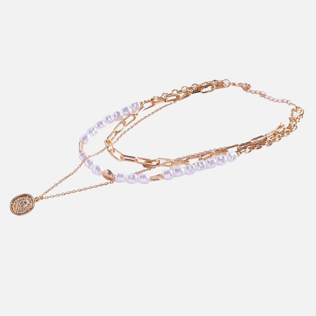Gold Layered Pearl Chain Necklace