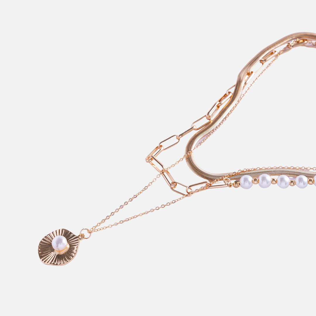 Gold Layered Pearl and Medallion Necklace