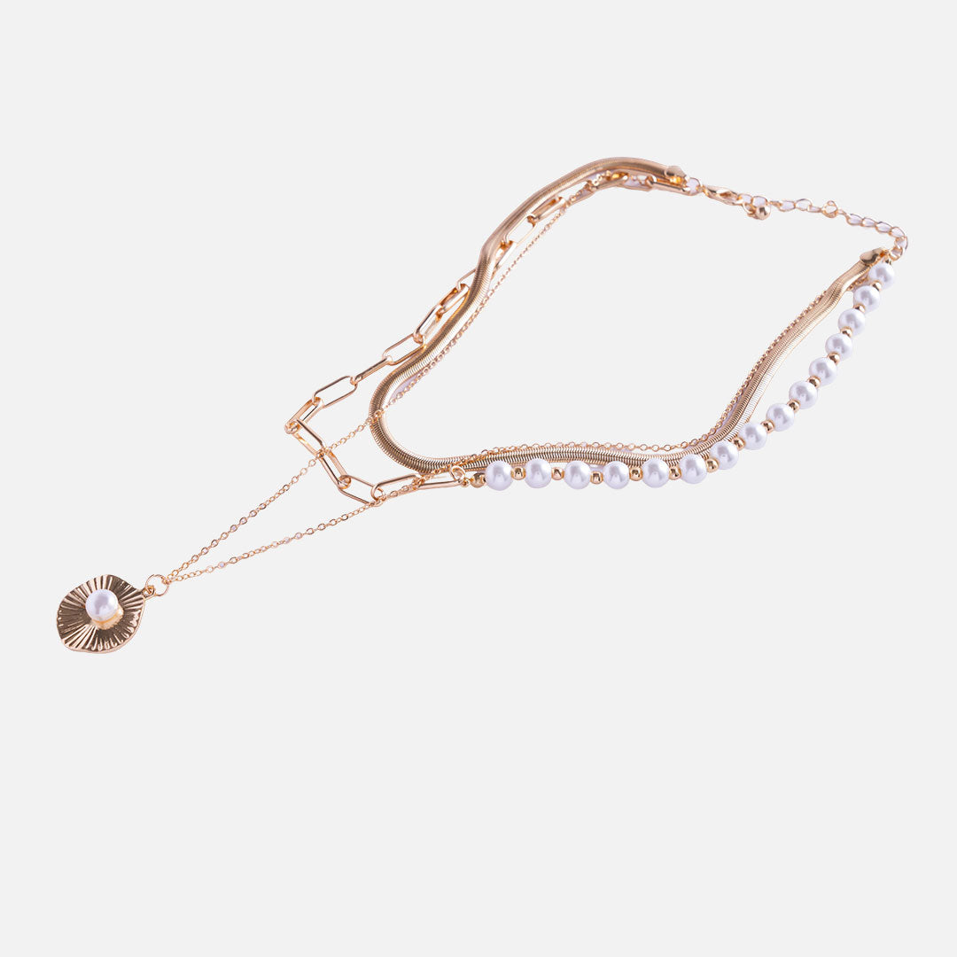 Gold Layered Pearl and Medallion Necklace