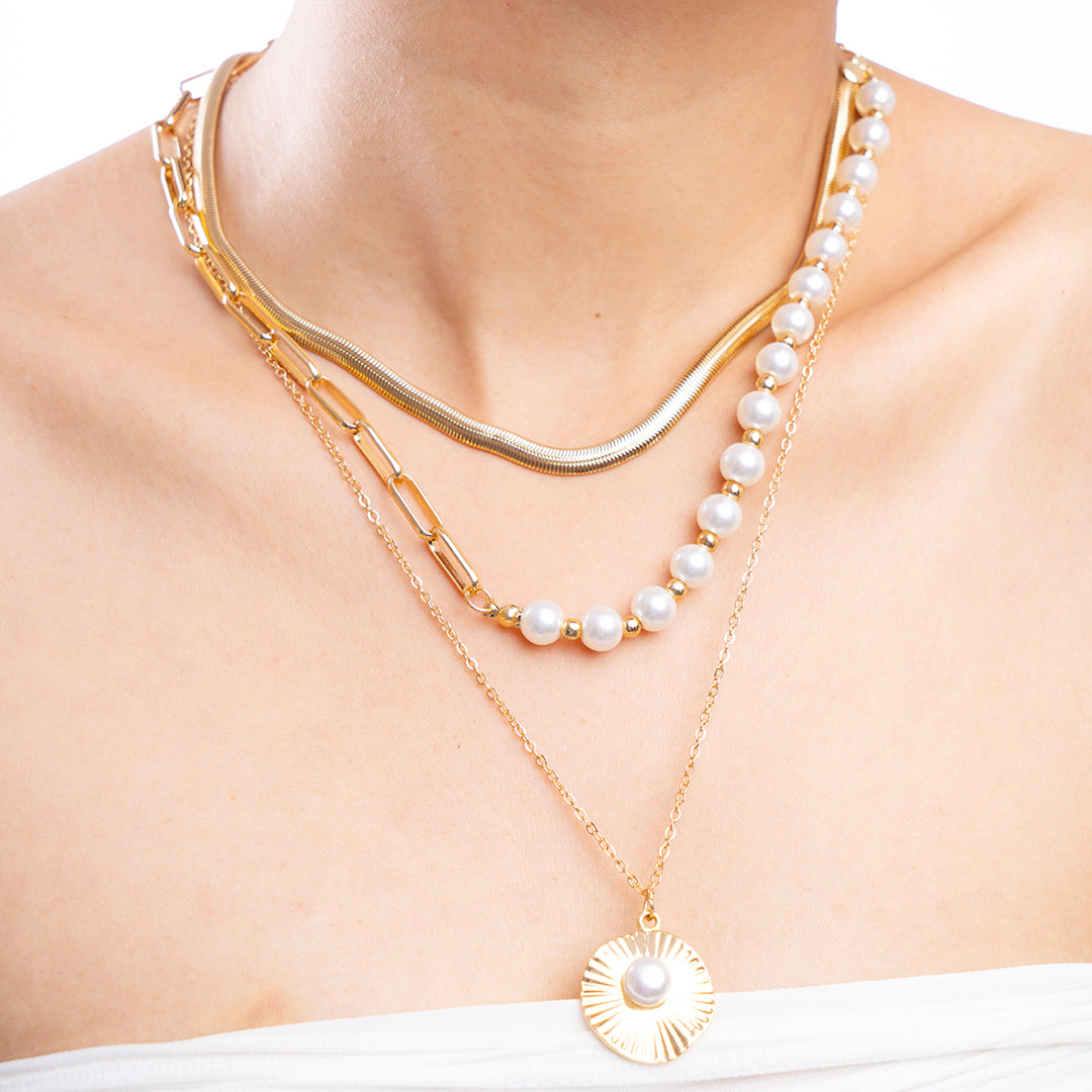 Gold Layered Pearl and Medallion Necklace