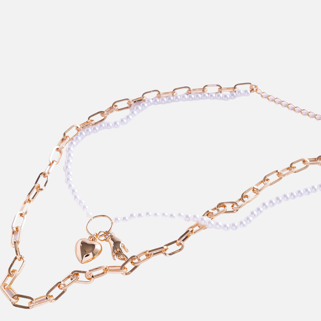 Dual-Strand Pearl and Gold Link Necklace