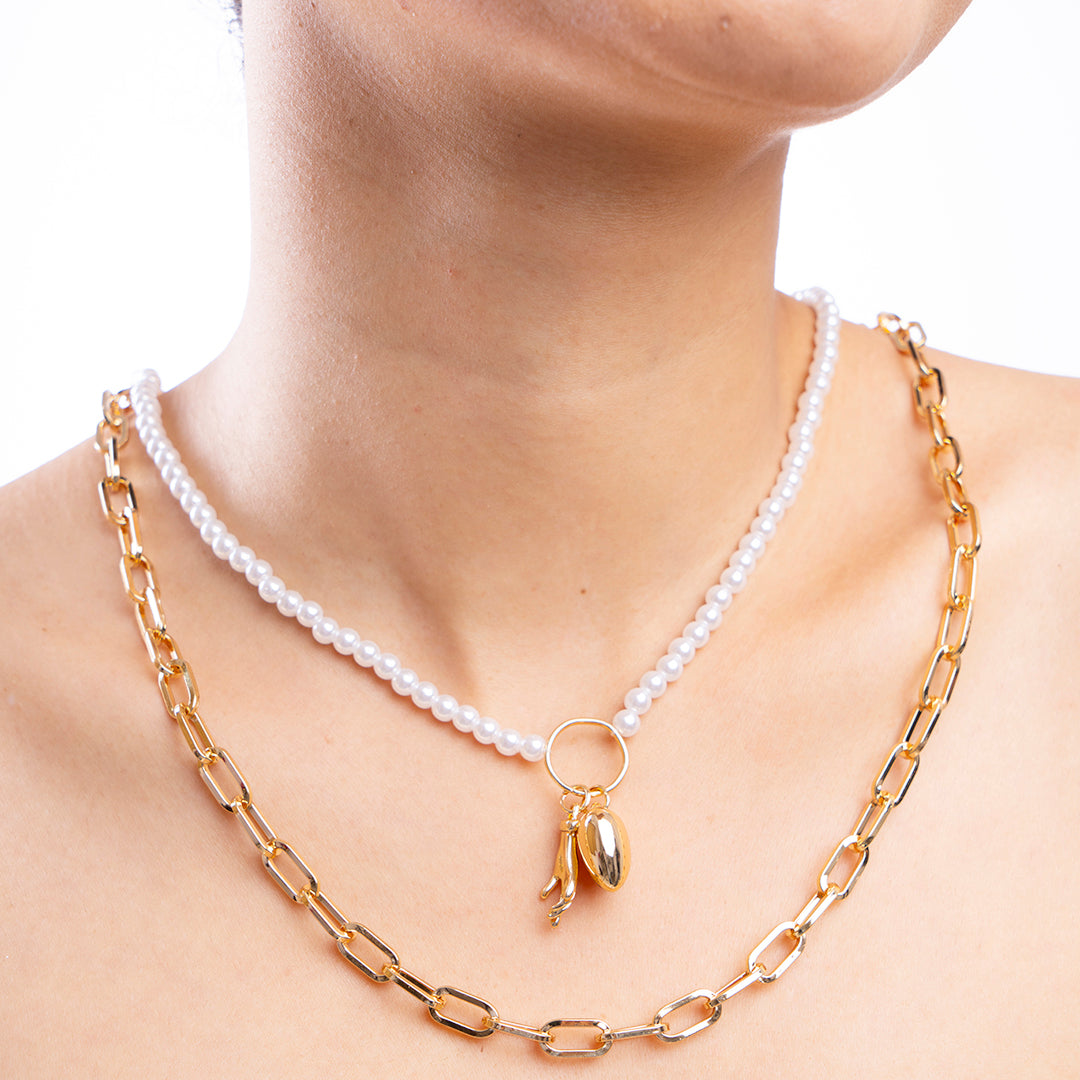 Dual-Strand Pearl and Gold Link Necklace