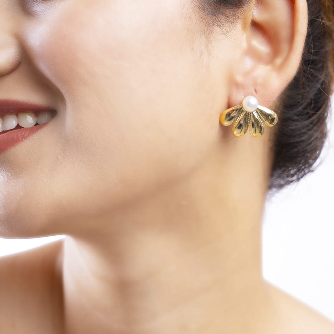 Golden Petal Pearl Stud Earrings