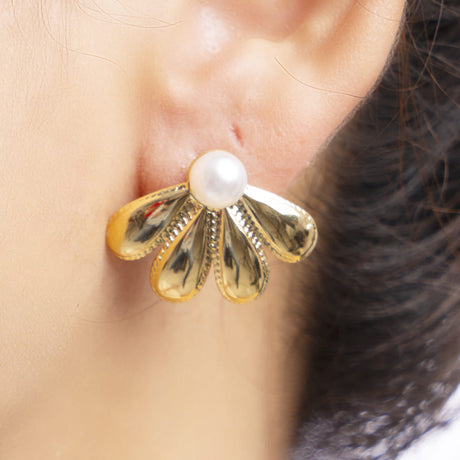 Golden Petal Pearl Stud Earrings