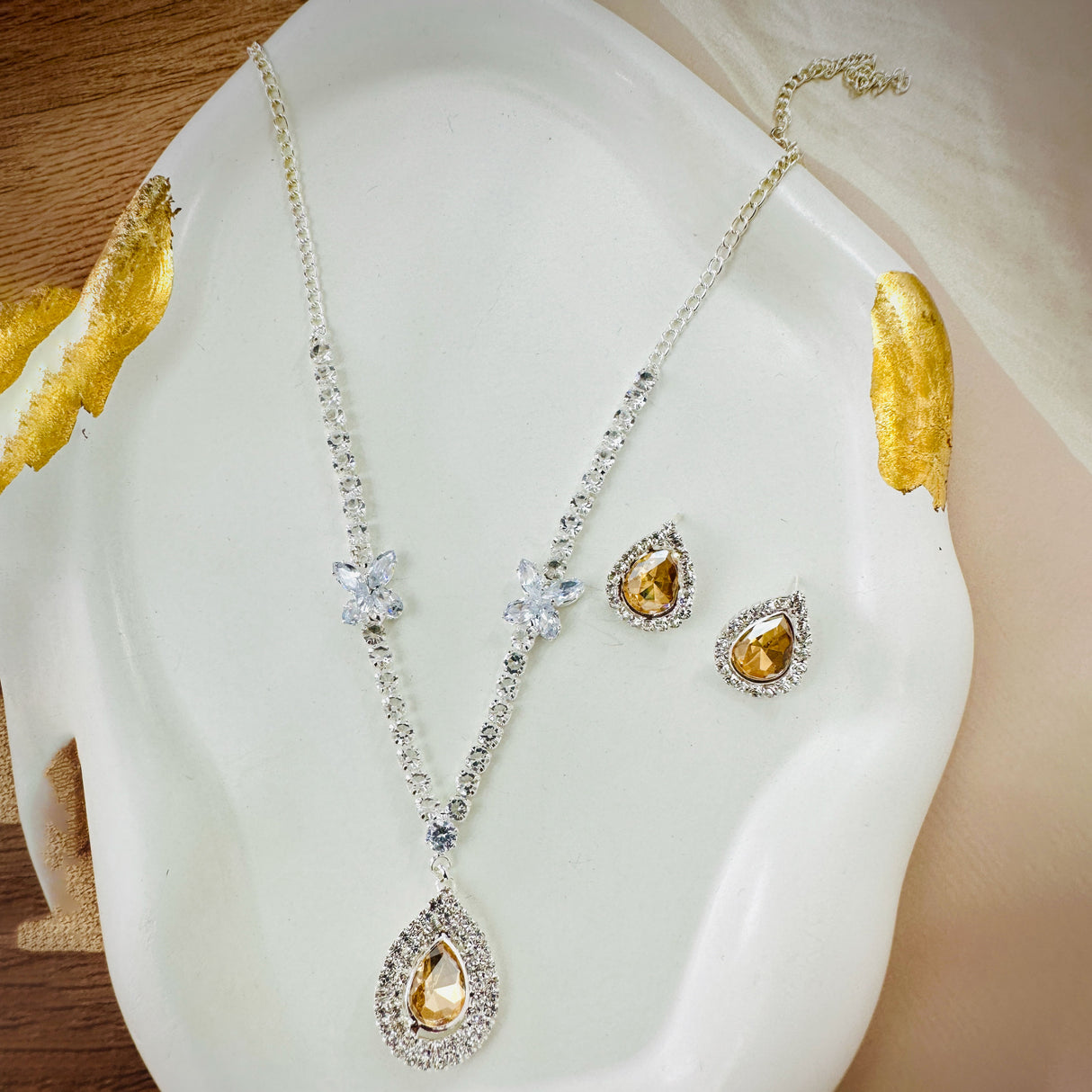 Gold-Tone Teardrop Crystal Necklace and Earring Set