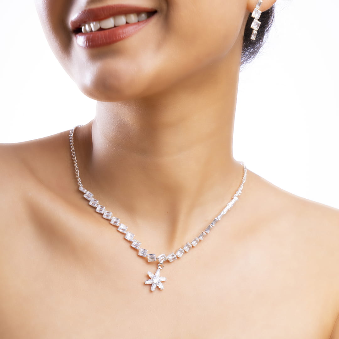 Elegant Silver-Toned Starburst Necklace and Earrings Set