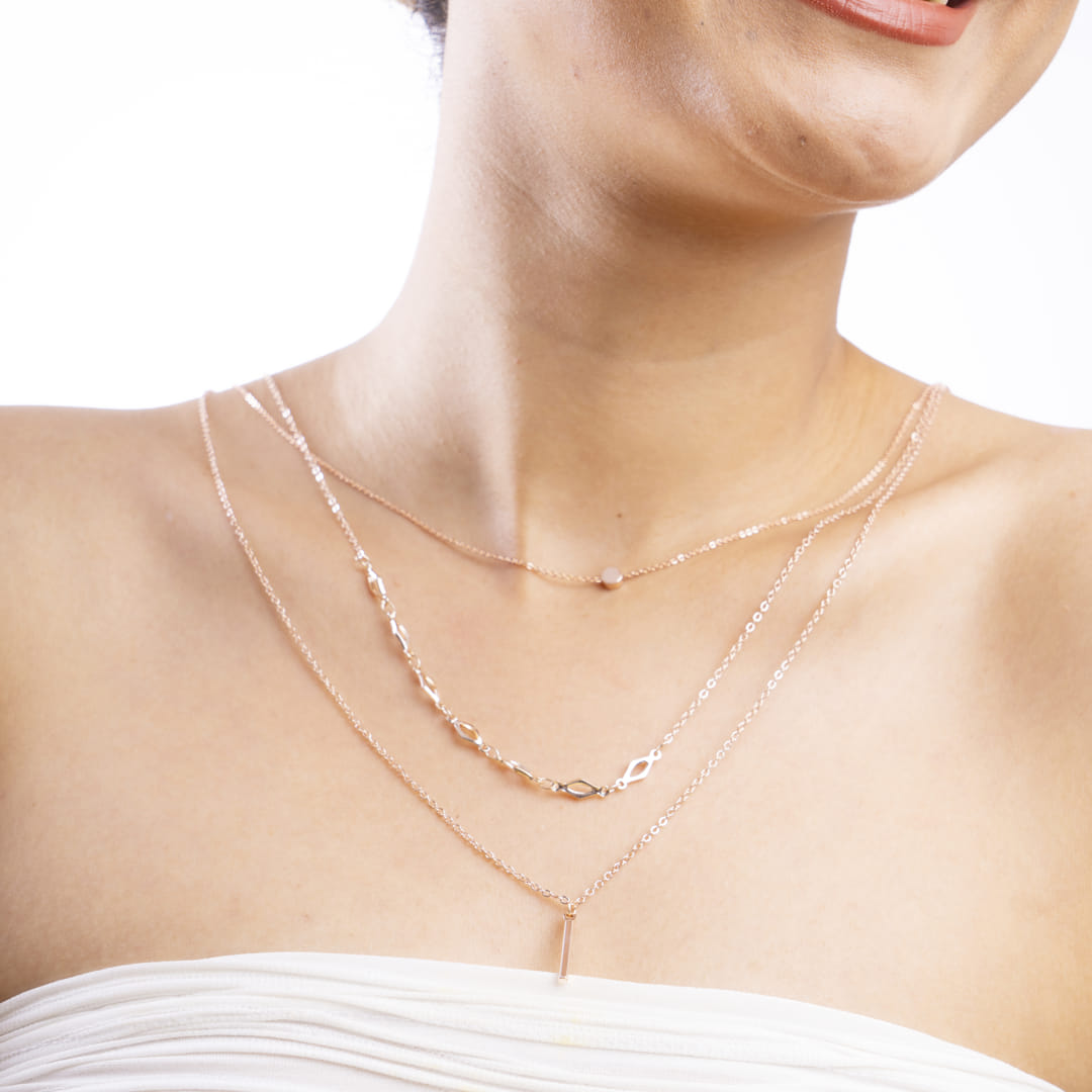 Triple Layer Rose Gold Necklace with Bar Pendant