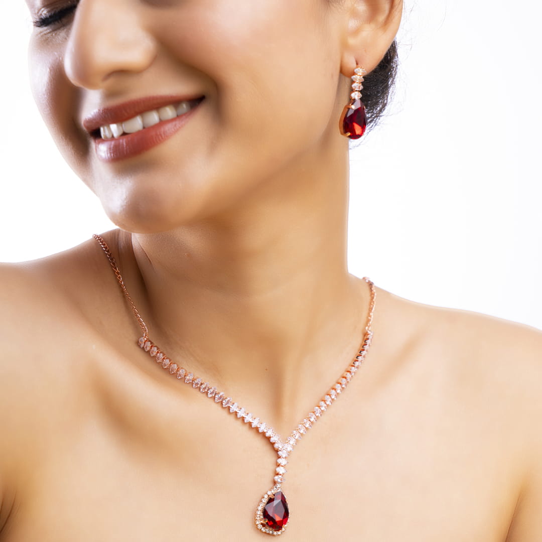 Red Teardrop Necklace and Earrings Set