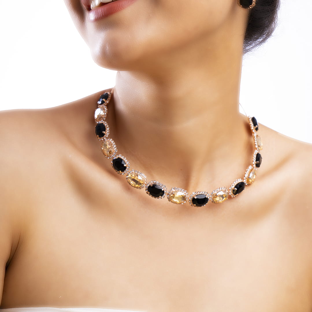 Black and Gold Oval Link Necklace and Earrings Set