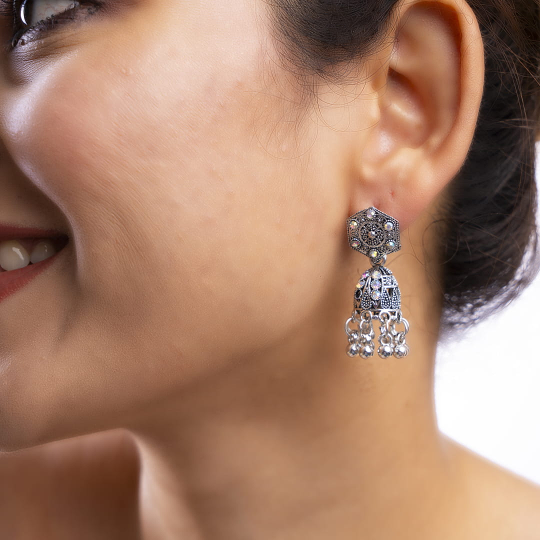 Antique Silver Jhumka Earrings with Stone Accents