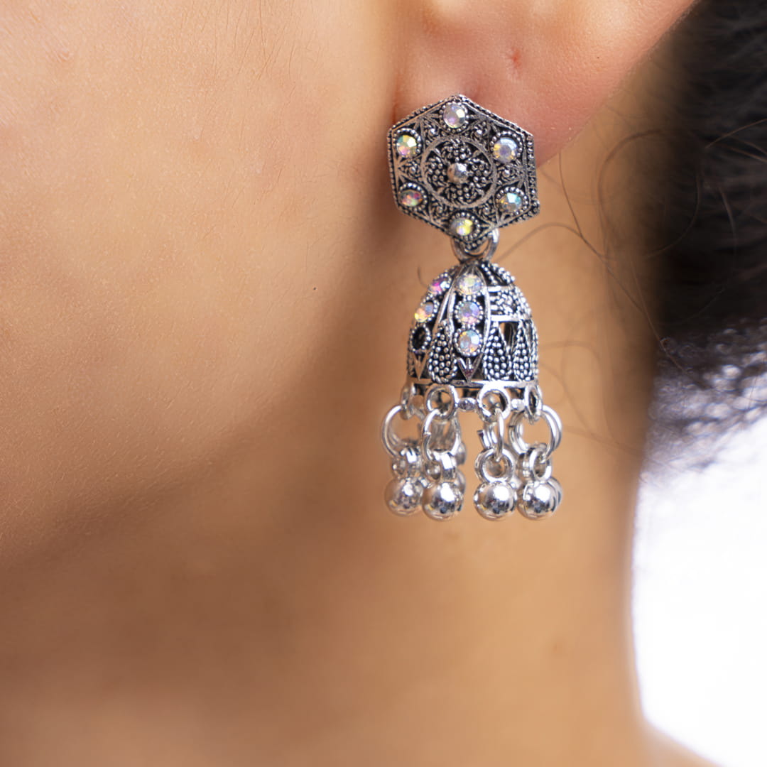 Oxidised Jhumka Earrings with Hexagonal Top