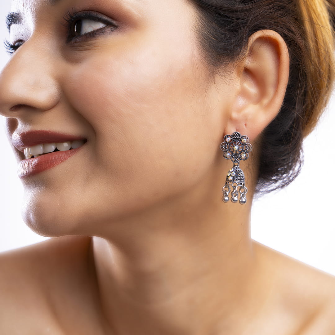Floral Jhumka Earrings with Crystal Accents