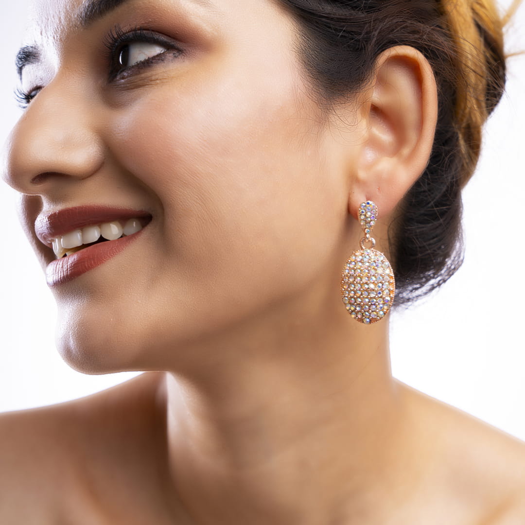 Rose Gold Oval Crystal Drop Earrings
