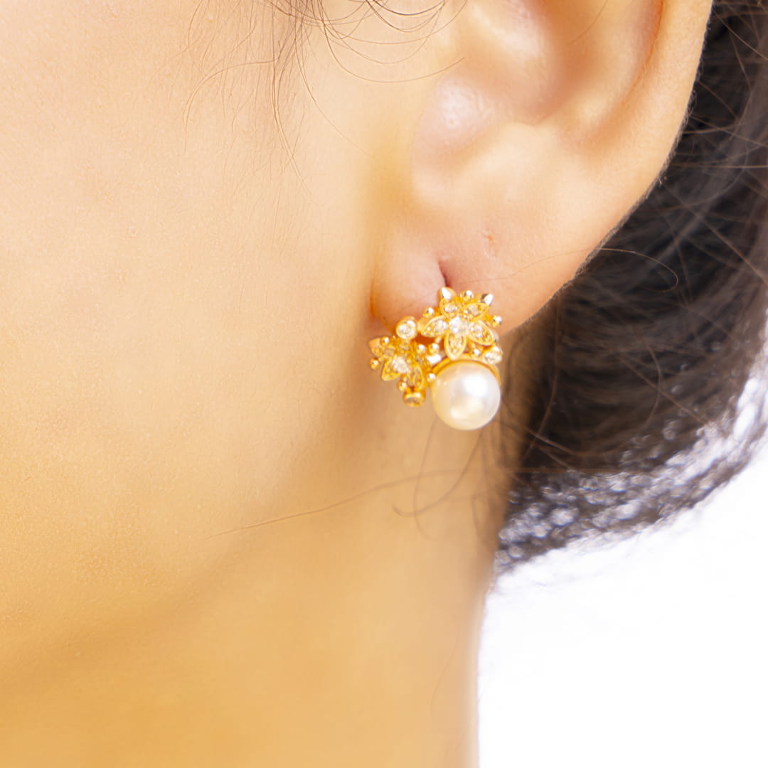 Rose Gold Pearl Stud Earrings with Floral Accents