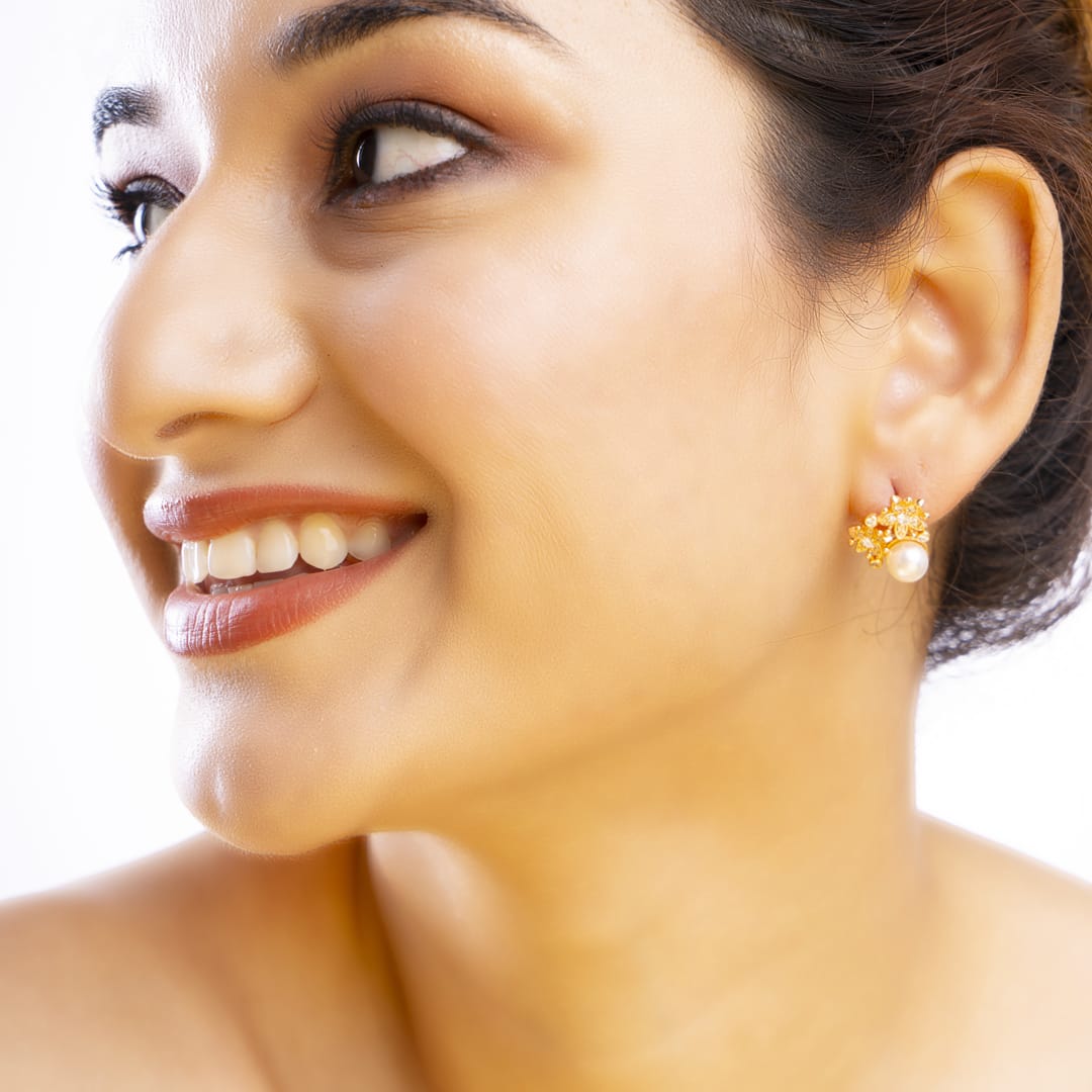 Rose Gold Pearl Stud Earrings with Floral Accents