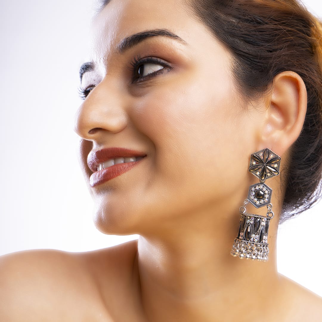 Statement Black & Silver Geometric Jhumka Earrings