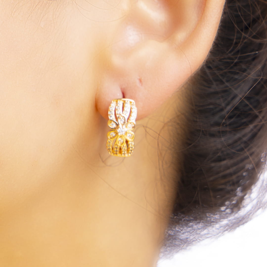 Rose Gold Floral Pattern Huggie Hoop Earrings