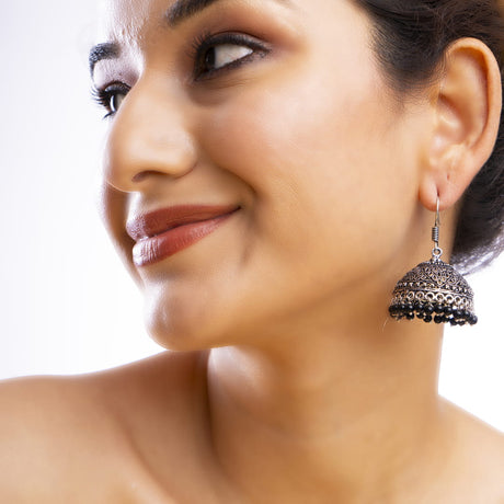 Oxidized Silver Jhumka Earrings with Black Beads