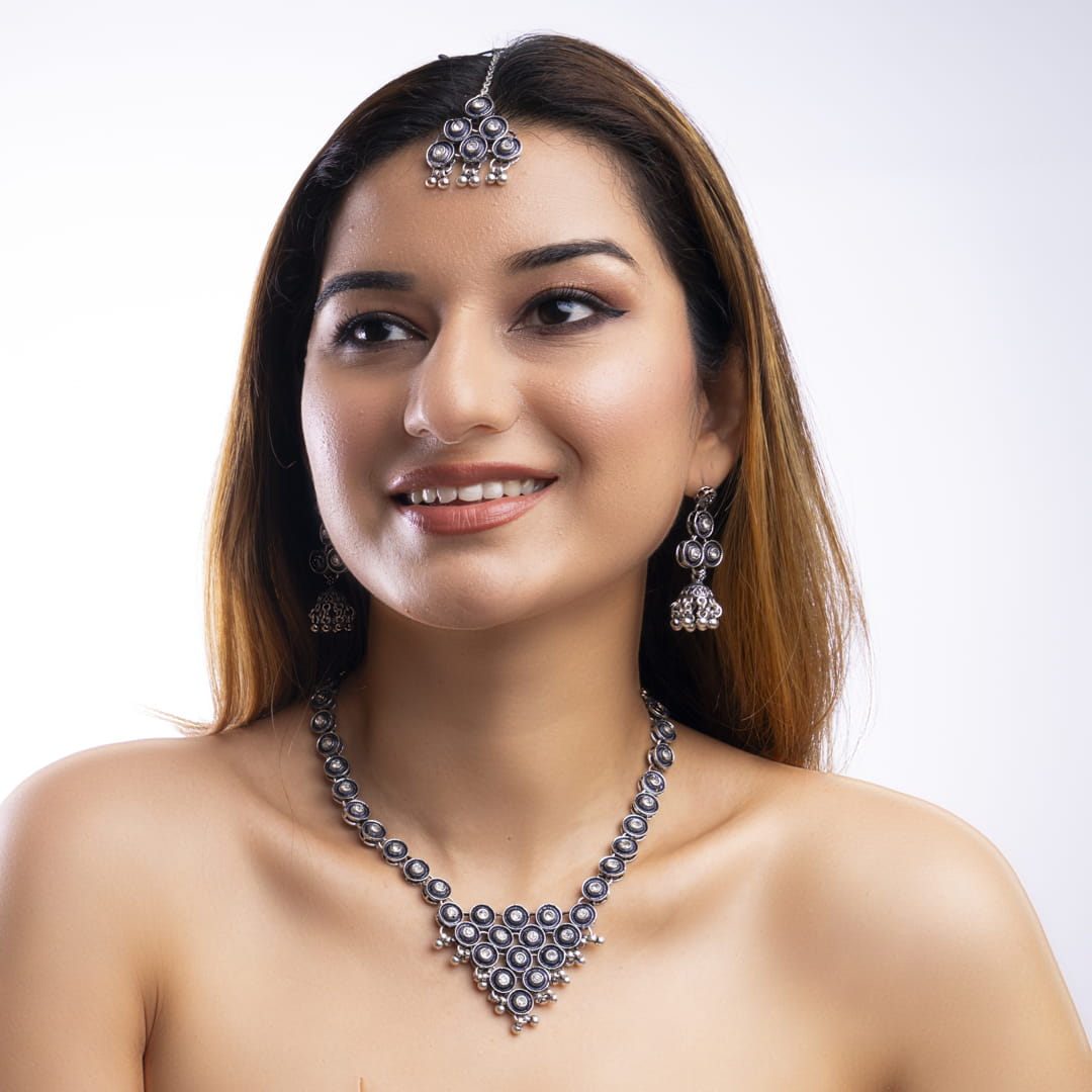 Antique Silver-Toned Necklace, Earrings, and Maang Tikka Set