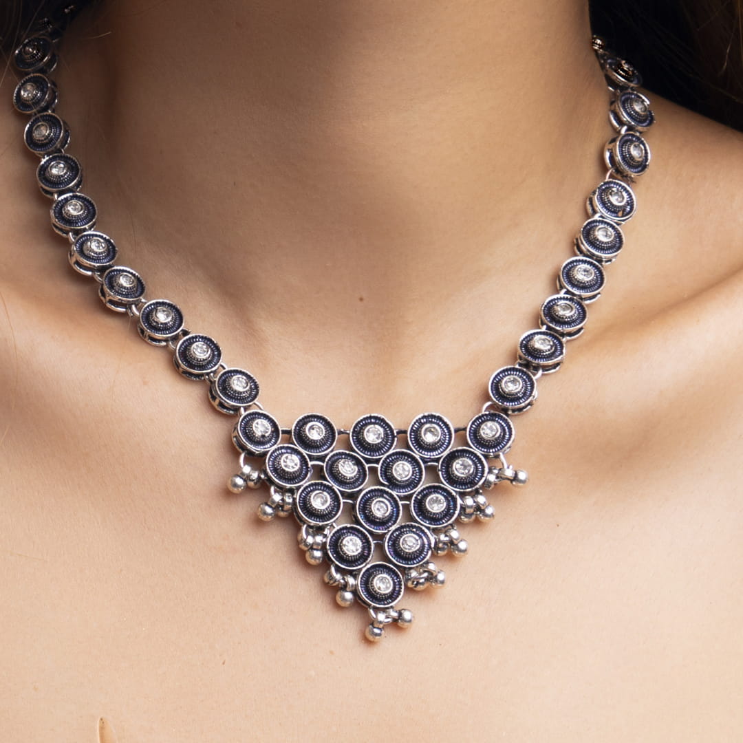 Antique Silver-Toned Necklace, Earrings, and Maang Tikka Set