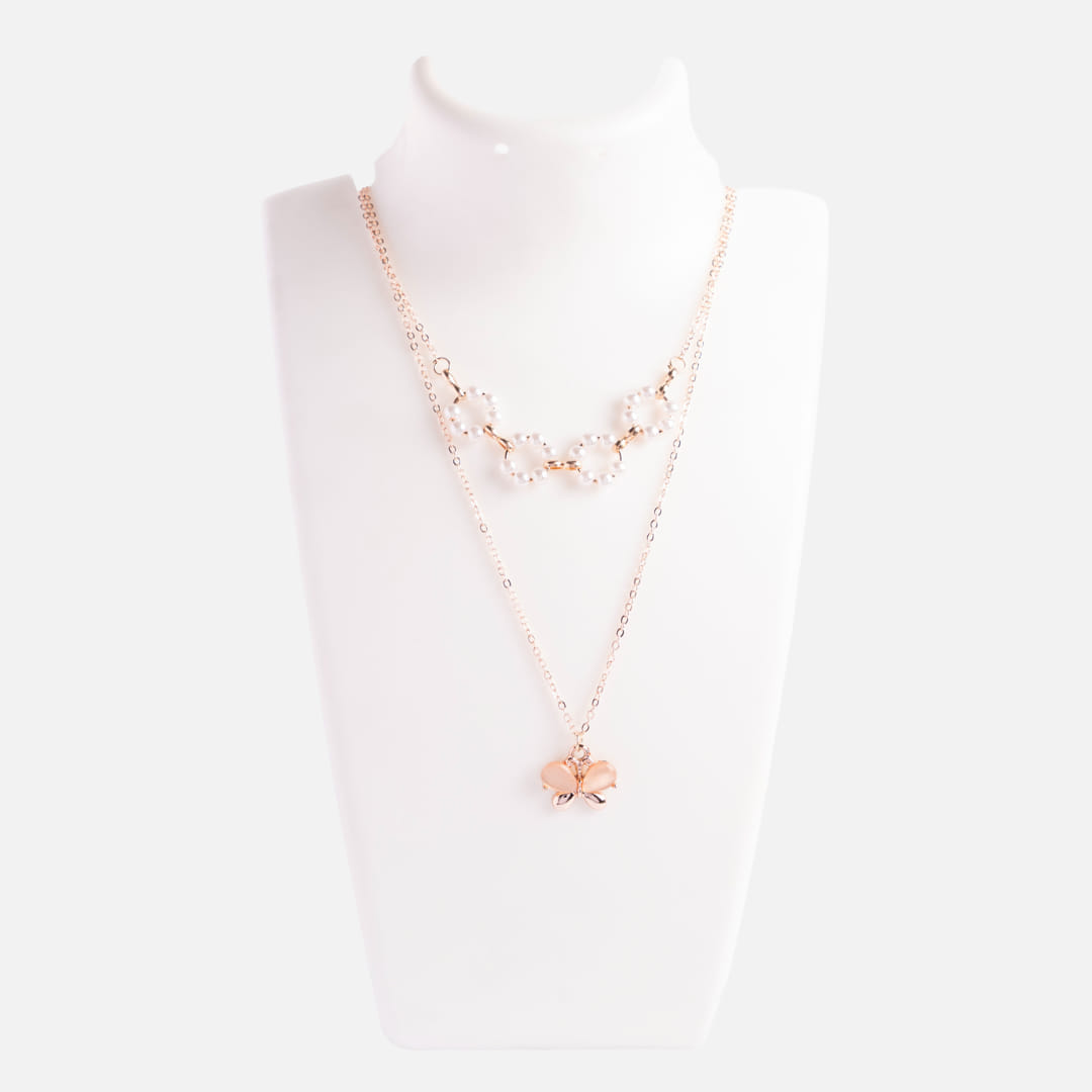 Rose Gold Floral Butterfly Layered Necklace