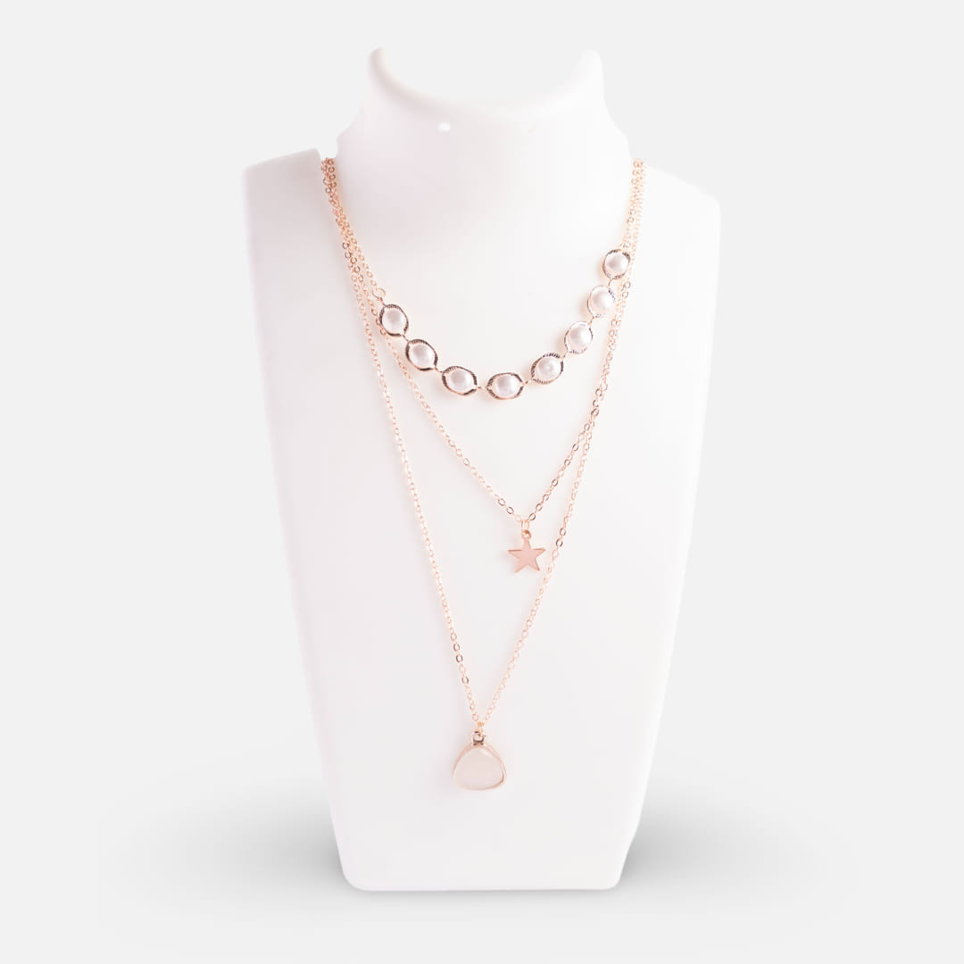 Rose Gold Triple-Layered Star and Circle Necklace