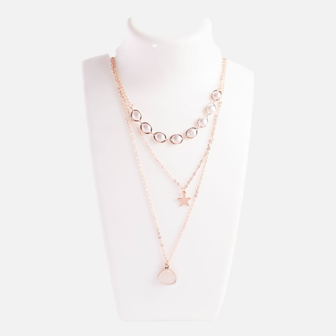 Rose Gold Triple-Layered Star and Circle Necklace