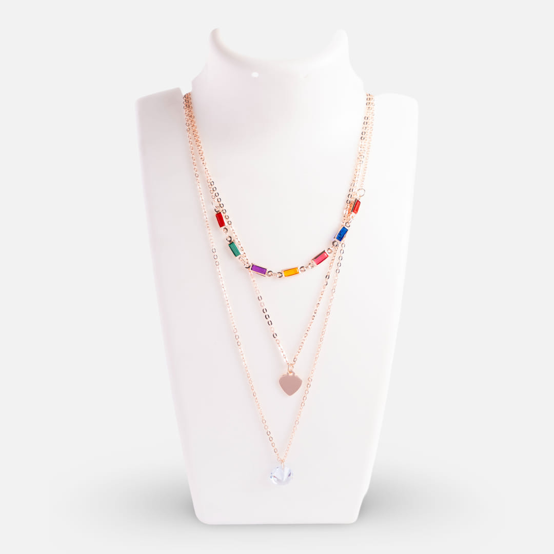 Rose Gold Triple Layer Multicolor and Heart Necklace