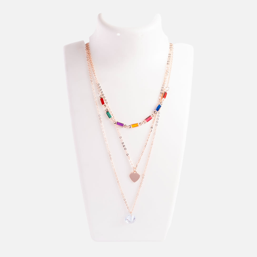 Rose Gold Triple Layer Multicolor and Heart Necklace