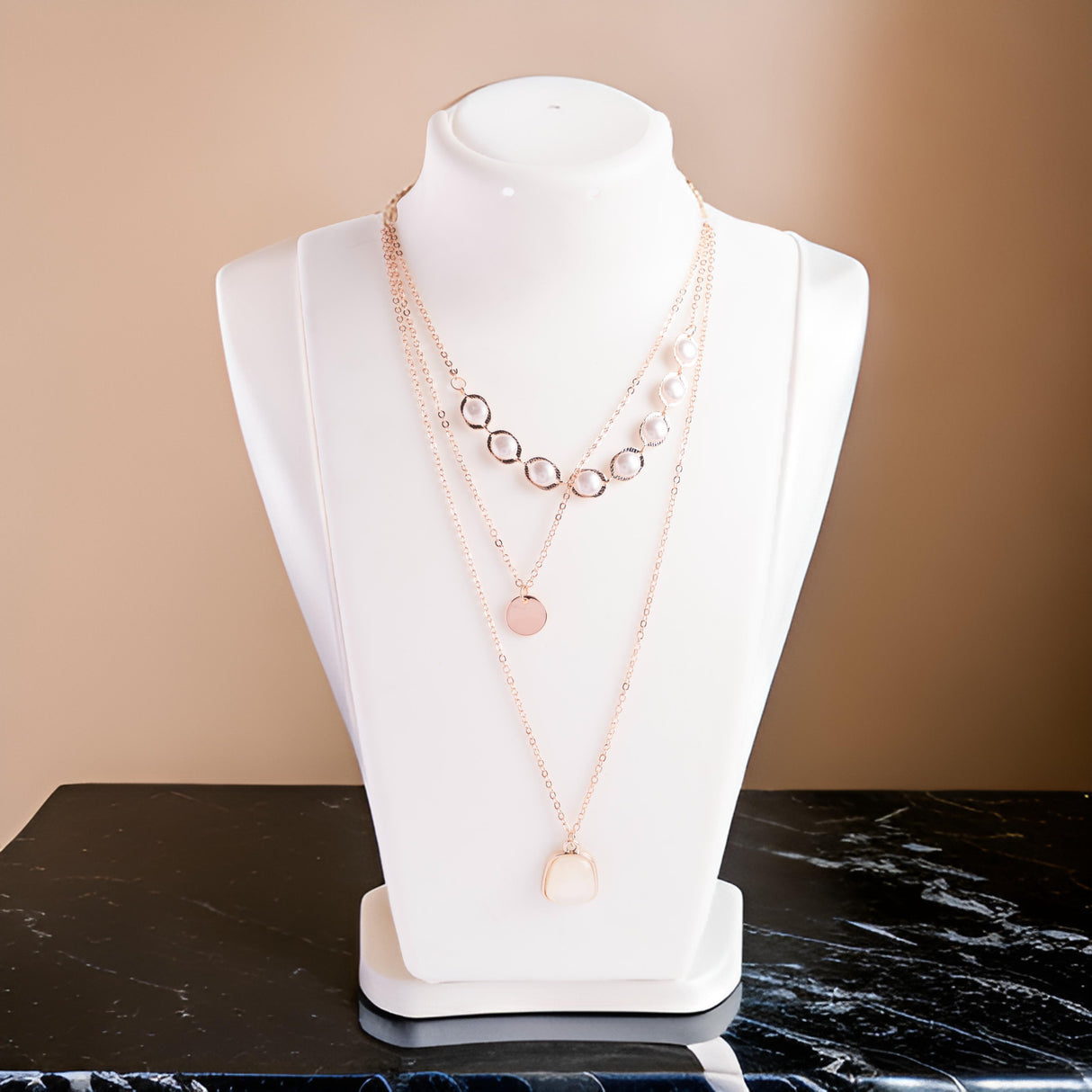 Triple-Layer Rose Gold Pearl Necklace