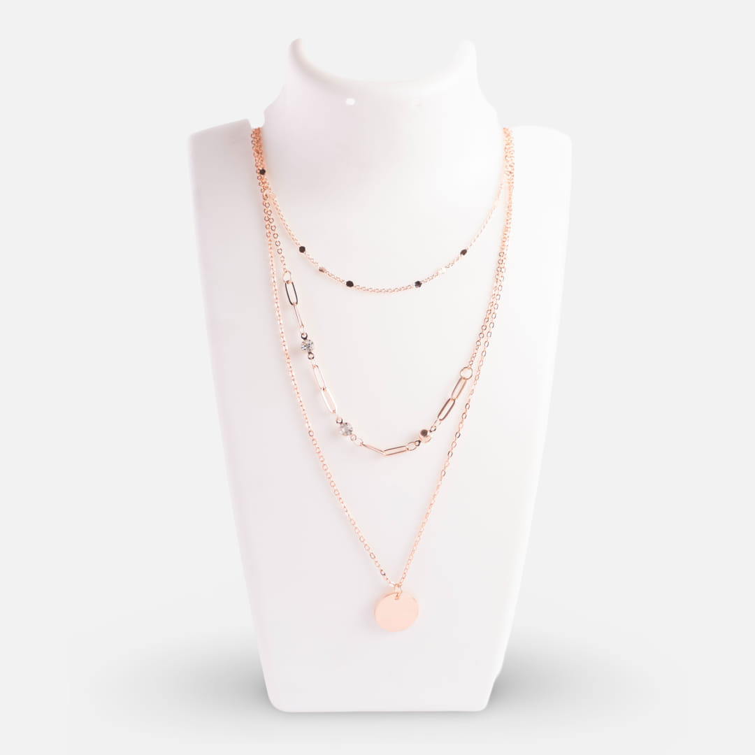 Rose Gold Triple Layer Disc and Chain Necklace