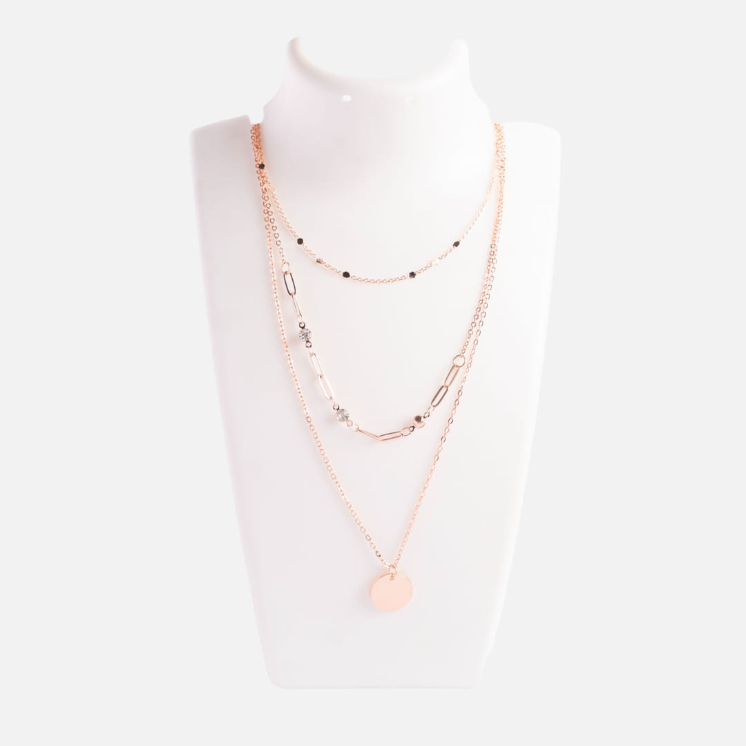 Rose Gold Triple Layer Disc and Chain Necklace