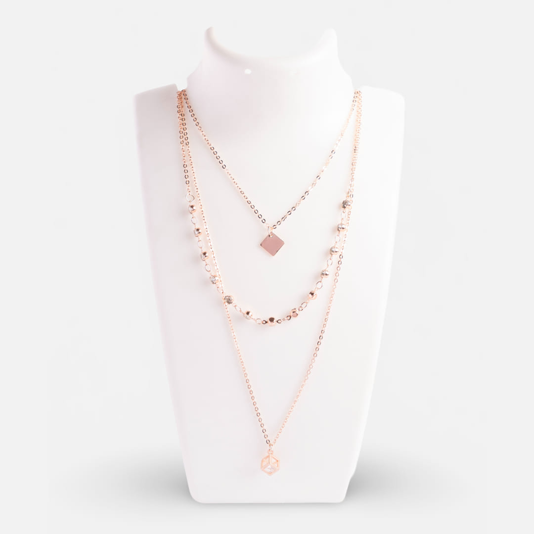 Rose Gold Cube Pendant Layered Necklace