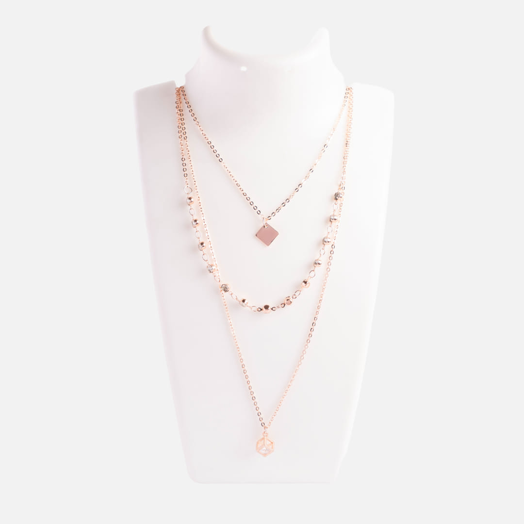 Rose Gold Cube Pendant Layered Necklace