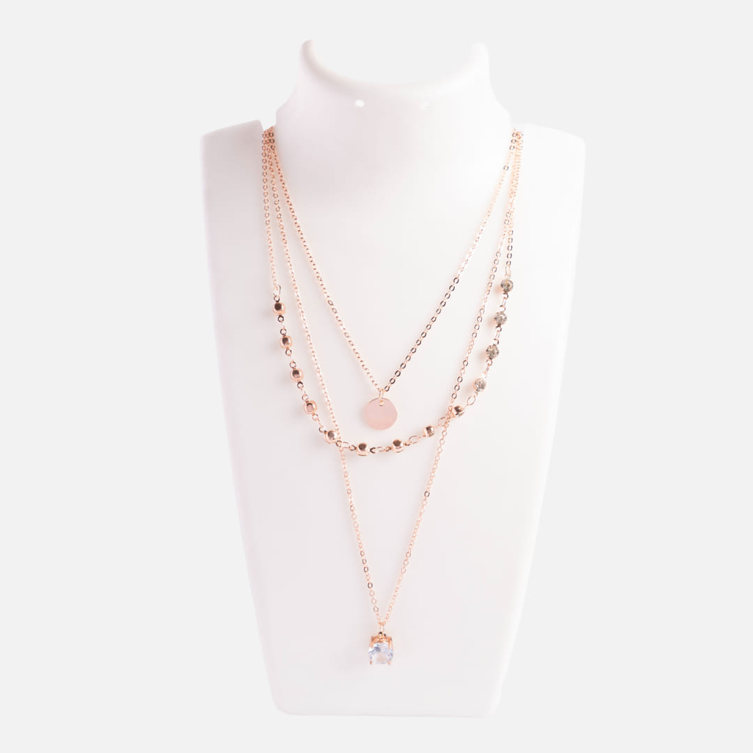 Rose Gold Three-Layer Necklace with Cubic Zirconia Pendant
