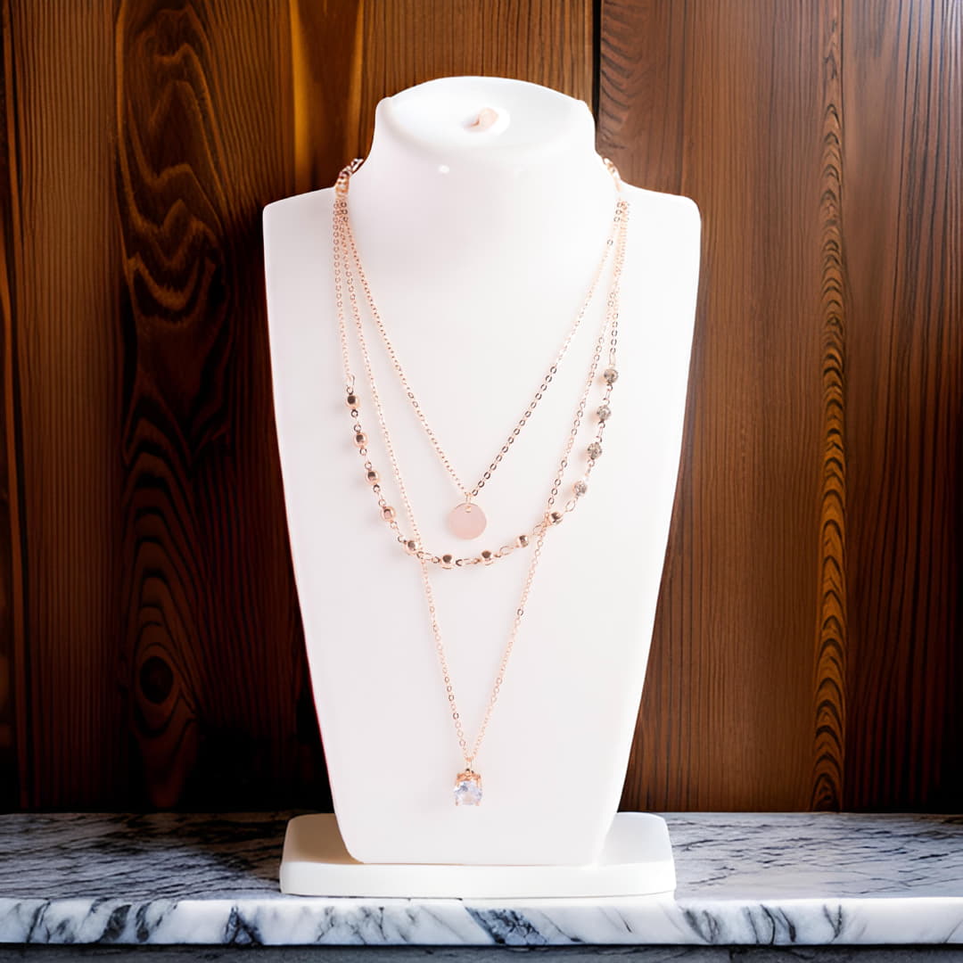 Rose Gold Three-Layer Necklace with Cubic Zirconia Pendant