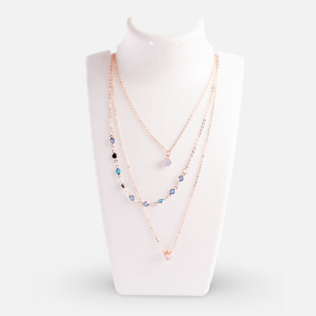 Rose Gold Triple-Layer Blue Stone and Crystal Charm Necklace