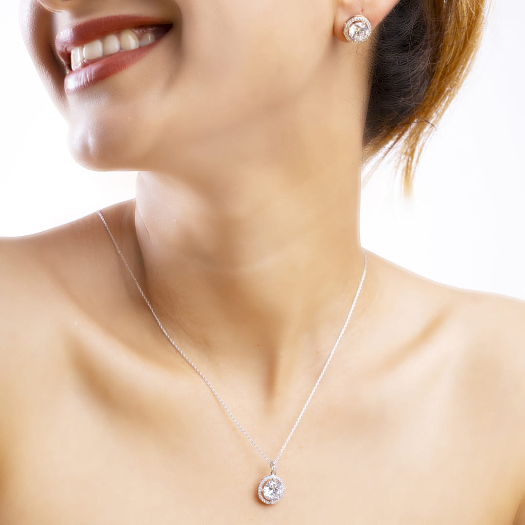 Halo Elegance American Diamond Chain Pendant and Stud Earrings Set