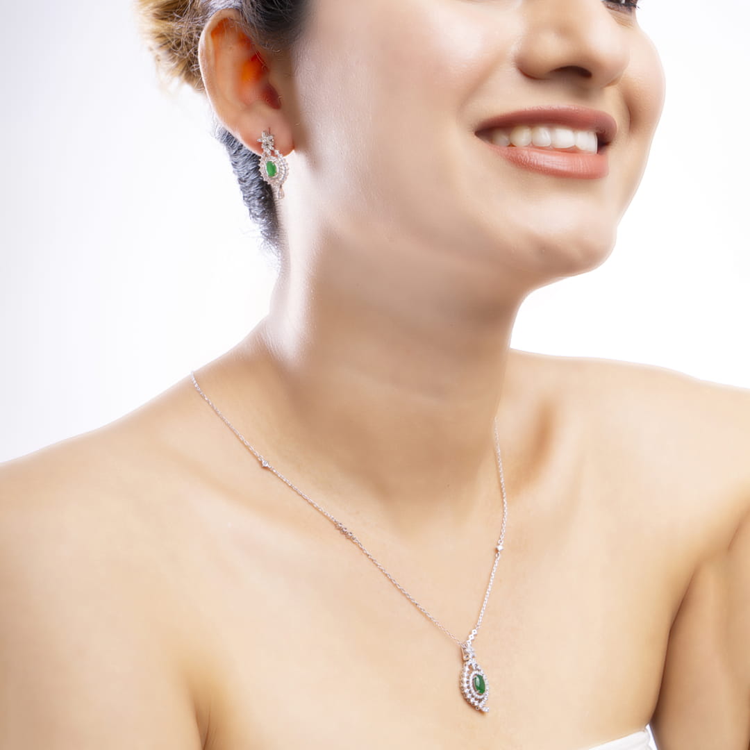 Regal Empress American Diamond and Emerald Pendant with Earrings Set
