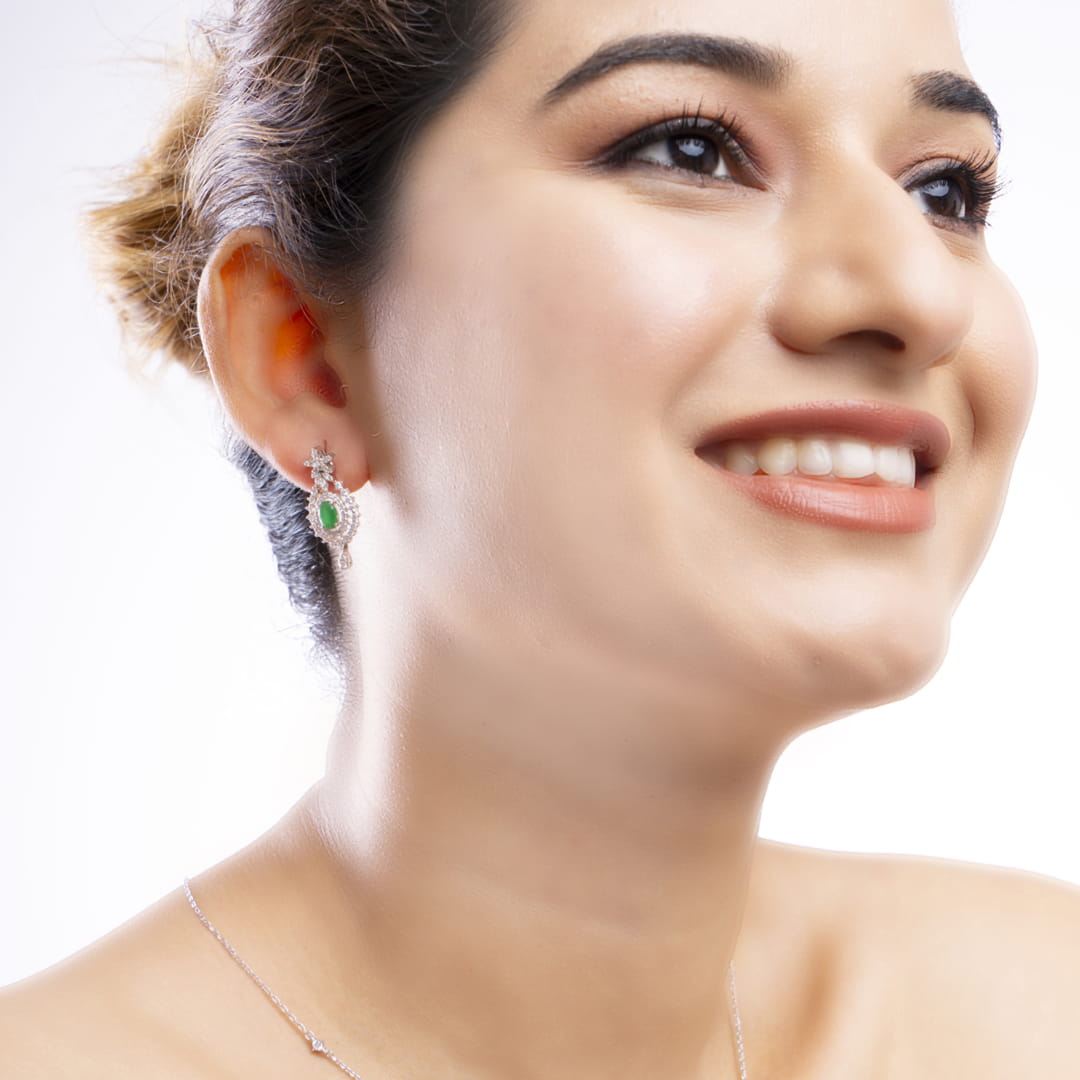 Regal Empress American Diamond and Emerald Pendant with Earrings Set