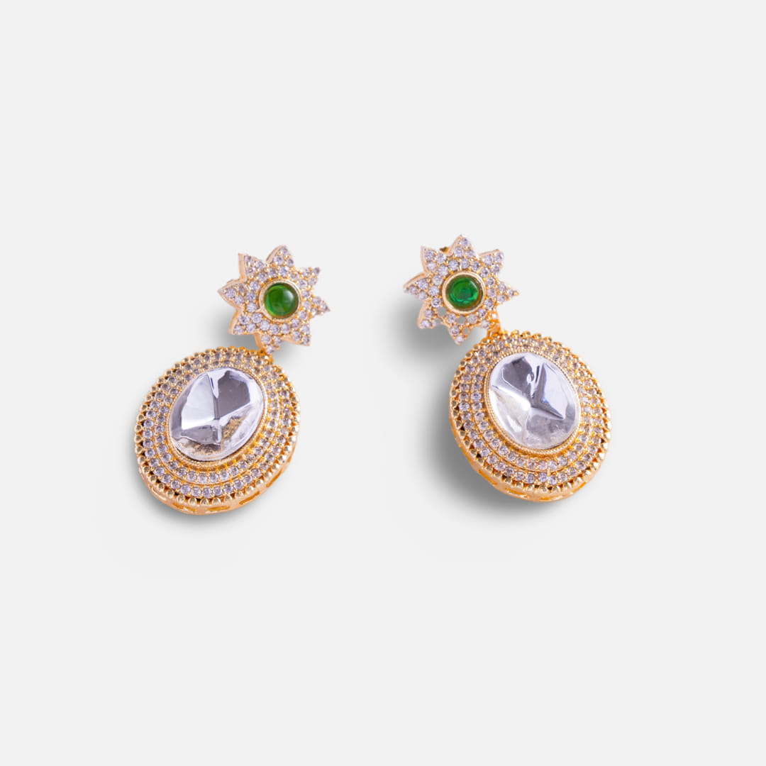 Gold-Tone Oval Crystal and Green Gemstone Earrings
