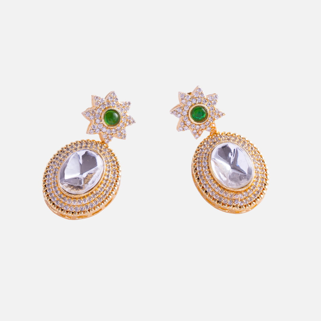 Gold-Tone Oval Crystal and Green Gemstone Earrings
