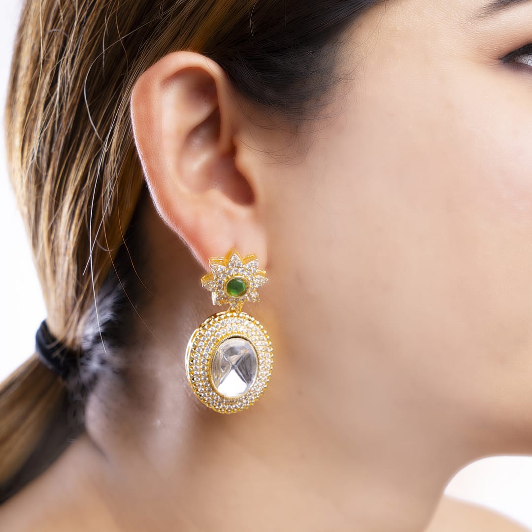 Gold-Tone Oval Crystal and Green Gemstone Earrings