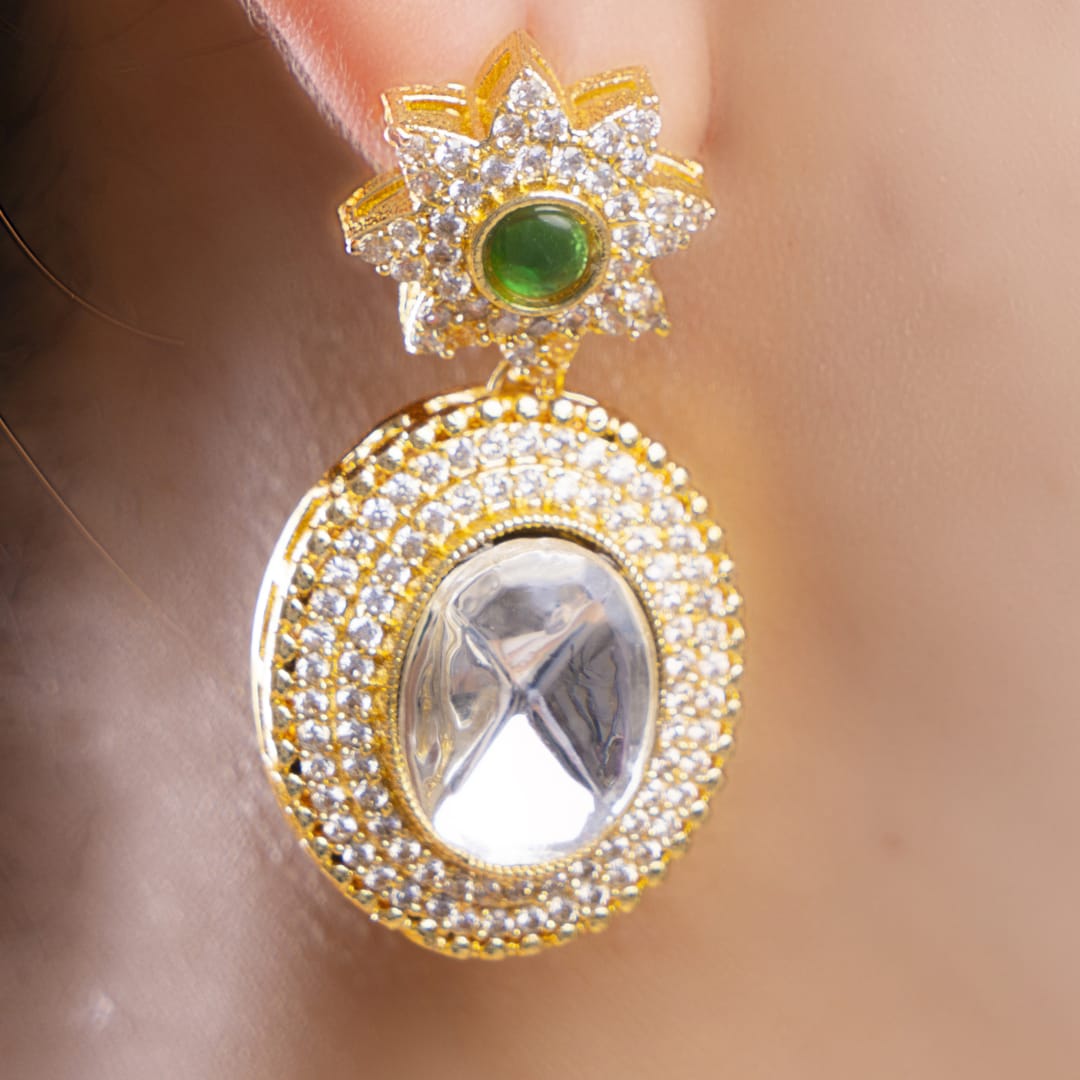 Gold-Tone Oval Crystal and Green Gemstone Earrings