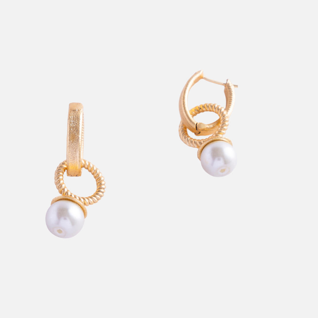 Gold Hoop Brass Earrings with Pearl Accent