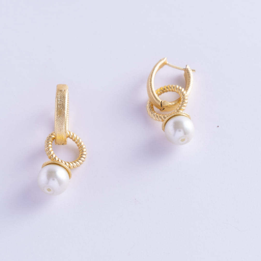 Gold Hoop Brass Earrings with Pearl Accent