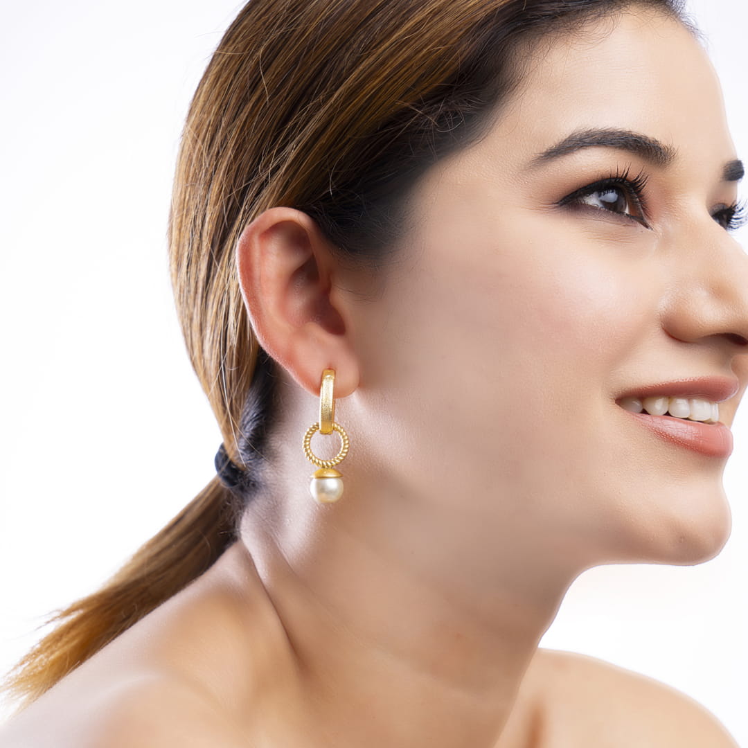 Gold Hoop Brass Earrings with Pearl Accent